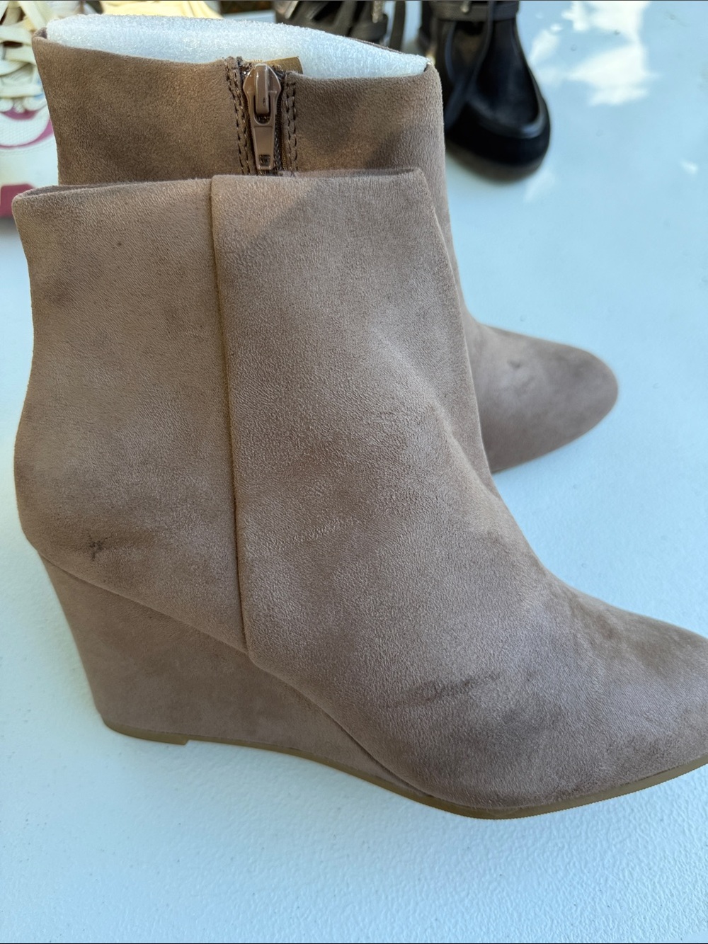 Women’s Suede Wedge Ankle Boots in Taupe